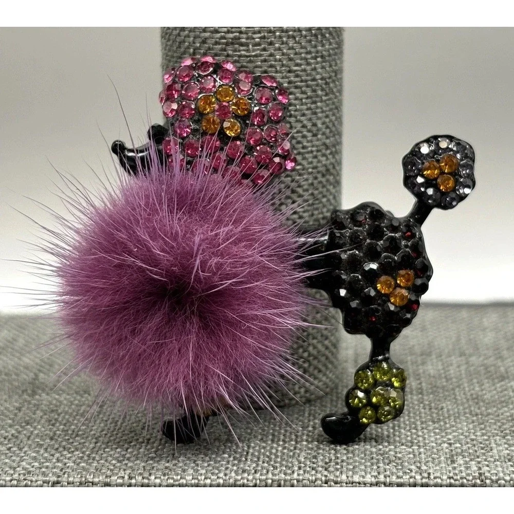 Rhinestone Poodle Dog Pom Pom Brooch Pin Pink Yellow Black Japanned Metal